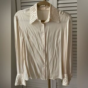 Valentino Vintage Silk Cream Button-Down Blouse with Eyelet Collar size 8